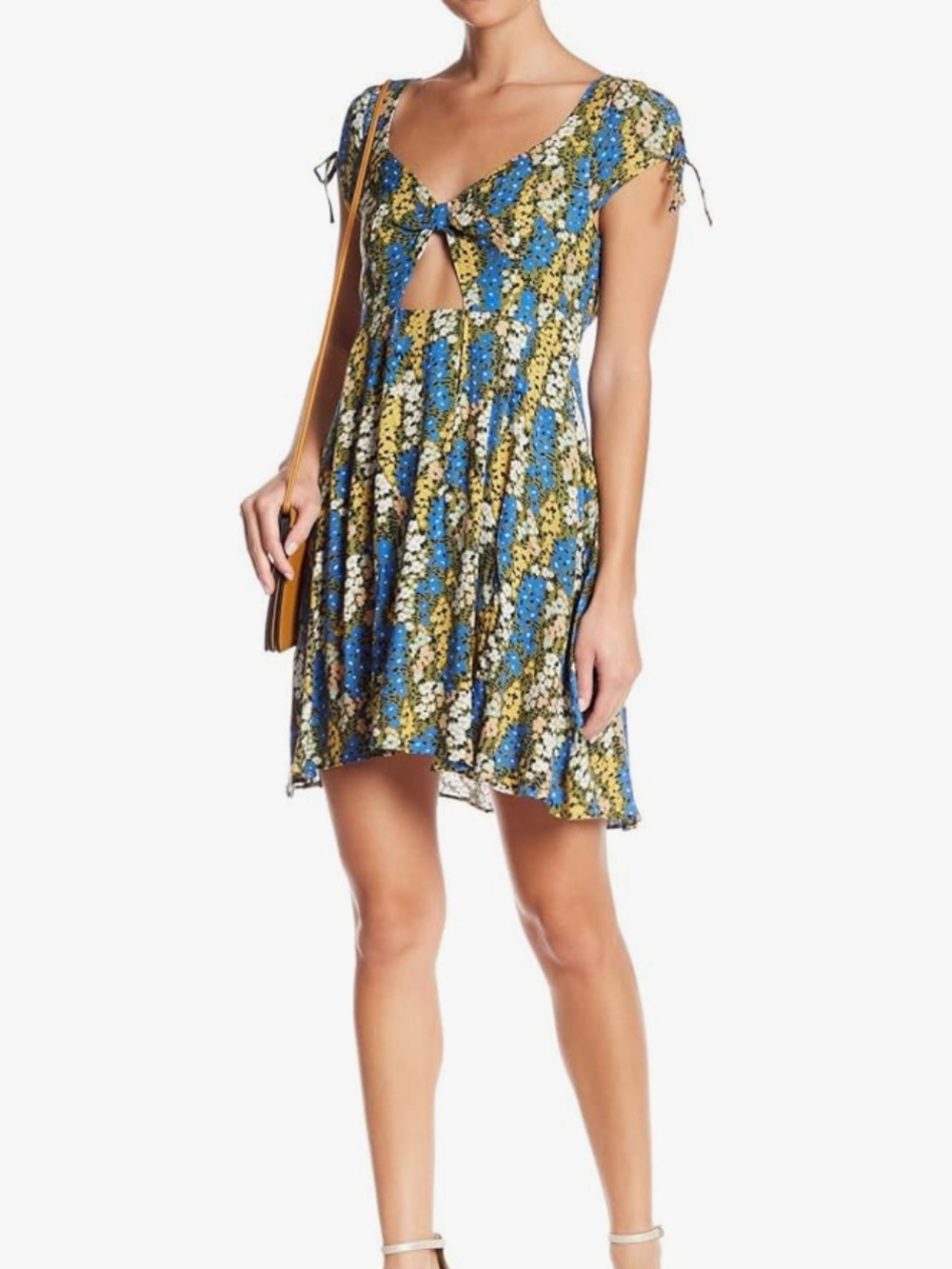 Free People Blue, Green and Yellow Floral Tie-Front Mini Dress